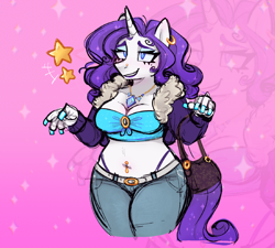 Size: 1280x1153 | Tagged: safe, alternate version, artist:bunnykitty13, rarity, unicorn, anthro, g4, abstract background, belly button, belly piercing, belt, blue eyes, bra, breasts, bridge piercing, cleavage, clothes, colored eyebrows, curly mane, curly tail, denim, ear piercing, earring, emanata, eyeshadow, female, horn, jacket, jeans, jewelry, lidded eyes, lipstick, makeup, mare, necklace, painted nails, panties, pants, piercing, purple mane, purple tail, purse, raised arms, smiling, solo, sparkles, sparkly mane, sparkly tail, stars, tail, thick eyelashes, thong, underwear, unicorn horn, white coat, zoom layer