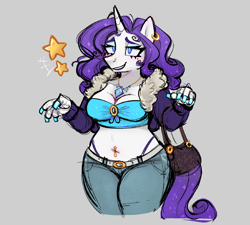 Size: 1280x1153 | Tagged: safe, alternate version, artist:bunnykitty13, rarity, unicorn, anthro, g4, belly button, belly piercing, belt, blue eyes, bra, breasts, bridge piercing, cleavage, clothes, colored eyebrows, curly mane, curly tail, denim, ear piercing, earring, emanata, eyeshadow, female, gray background, horn, jacket, jeans, jewelry, lidded eyes, lipstick, makeup, mare, necklace, painted nails, panties, pants, piercing, purple mane, purple tail, purse, raised arms, simple background, smiling, solo, sparkly mane, sparkly tail, stars, tail, thick eyelashes, thon, thong, underwear, unicorn horn, white coat