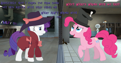 Size: 1360x712 | Tagged: artist needed, safe, pinkie pie, rarity, g4, /mlp/, /mlp/ tf2 general, detective rarity, dialogue, ghostly gibus, open mouth, open smile, smiling, team fortress 2