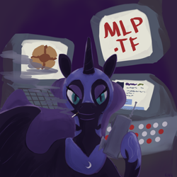 Size: 2000x2000 | Tagged: artist needed, safe, nightmare moon, alicorn, pony, g4, /mlp/ tf2 general, buttons, cigarette, computer, keyboard, mlp.tf, monitor, text, tf2 logo, walkie talkie