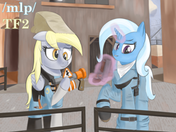 Size: 1280x960 | Tagged: artist needed, safe, derpy hooves, trixie, pegasus, unicorn, g4, /mlp/ tf2 general, 4chan, badwater, bag, horn, magic, paper bag, railing, team fortress 2, telekinesis
