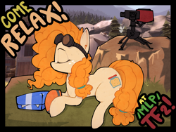 Size: 1200x900 | Tagged: artist needed, safe, pear butter, earth pony, pony, g4, /mlp/ tf2 general, 4chan, goggles, goggles on head, intel, rock, sentry, sentry gun, team fortress 2, text