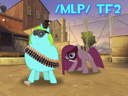 Size: 1440x1080 | Tagged: artist needed, safe, pinkie pie, whoa nelly, earth pony, pony, unicorn, g4, /mlp/ tf2 general, 4chan, balaclava, bullet, fence, food, gibus, gibusvision, hat, heavy weapons guy, horn, knife, pinkamena diane pie, pyrovision, sandvich, sandwich, spy, spy (tf2), team fortress 2, text, this will end in cupcakes, tree