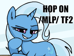 Size: 786x600 | Tagged: safe, artist:plunger, edit, trixie, pony, unicorn, art pack:futa trixie artpack, g4, /mlp/ tf2 general, 4chan, abstract background, animated, bedroom eyes, cropped, cropped porn, female, gif, grin, hooves, hop on tf2, horn, impact font, looking at you, loop, mare, smiling, smiling at you, solo, striped background, swaying hips, table, tail, talking to viewer, teeth, text, two toned mane, two toned tail
