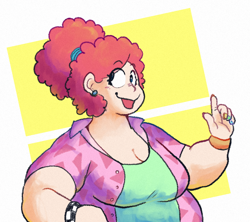 Size: 870x774 | Tagged: safe, artist:punkittdev, pinkie pie, human, g4, blue eyes, blushing, bracelet, breasts, busty pinkie pie, cleavage, clothes, curly hair, eye clipping through hair, eyebrows, eyebrows visible through hair, eyelashes, fat, female, humanized, jewelry, light skin, looking back, obese, open clothes, open shirt, passepartout, pink hair, pudgy pie, raised arm, raised finger, shirt, simple background, smiling, solo, tied hair, tongue out, undershirt, white background, wingding eyes