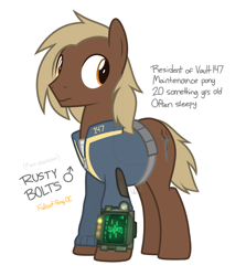 Size: 670x750 | Tagged: safe, artist:modocrisma, oc, oc only, oc:rusty bolts, earth pony, pony, fallout equestria, fanfic:vault 147, alternate universe, au:v147, clothes, fallout, fanfic, fanfic art, hooves, jumpsuit, male, pipboy, pipbuck, reference sheet, shirt, show accurate, simple background, solo, stallion, undershirt, vault suit, watermark, white background