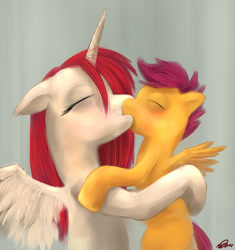 Size: 751x800 | Tagged: safe, artist:ninthsphere, scootaloo, oc, oc:fausticorn, alicorn, pegasus, pony, age difference, duo, female, filly, foal, kiss on the lips, kissing, lauren faust, lesbian, mare, mare on filly, ponified