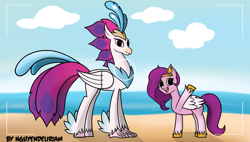 Size: 3140x1784 | Tagged: safe, artist:nguyendeliriam, pipp petals, queen novo, classical hippogriff, hippogriff, pegasus, pony, g4, g5, my little pony: the movie, beach, camera shot, crown, duo, eyelashes, eyeshadow, feather, female, folded wings, height difference, high res, jewelry, looking at you, makeup, mare, ocean, open mouth, open smile, peytral, pipp is short, purple eyes, purple mane, raised hoof, regalia, smiling, smiling at you, teeth, unshorn fetlocks, water, waving, wings