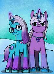 Size: 1321x1819 | Tagged: safe, artist:nguyendeliriam, comet (g5), violet frost, auroricorn, pony, g5, my little pony: make your mark, my little pony: make your mark chapter 6, secrets of starlight, duo, female, glowing, glowing horn, horn, jewelry, male, mare, necklace, stallion