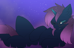 Size: 1617x1057 | Tagged: safe, artist:beardie, oc, oc only, oc:osiris eclipse, unicorn, draw me like one of your french girls, ethereal mane, ethereal tail, glasses, grass, horn, lying down, male, on side, one eye closed, stallion, tail, wink