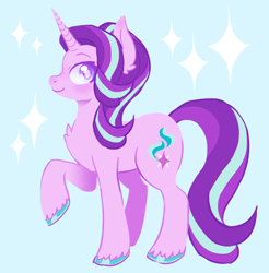 Size: 696x707 | Tagged: safe, artist:puroperopony, starlight glimmer, pony, unicorn, g4, blue background, colored hooves, horn, raised hoof, simple background, solo, sparkles
