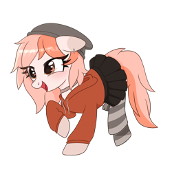 Size: 2200x2200 | Tagged: safe, artist:toxicpumpkin, oc, oc only, oc:moon fencer, earth pony, pony, beanie, clothes, commission, hat, hoodie, open mouth, png, raised hoof, simple background, skirt, socks, solo, striped socks, transparent background, ych result