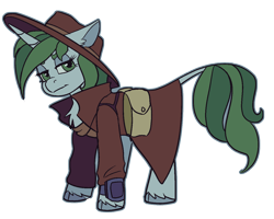 Size: 1280x1024 | Tagged: safe, artist:brainiac, oc, oc only, oc:casey, unicorn, fallout equestria, bag, clothes, cloven hooves, fallout equestria:all things unequal (pathfinder), female, hat, horn, looking at you, mare, saddle bag, simple background, solo, transparent background, trenchcoat