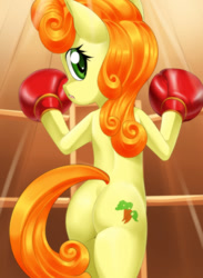 Size: 792x1080 | Tagged: dead source, safe, artist:pugilismx, carrot top, golden harvest, earth pony, pony, semi-anthro, g4, bipedal, boxing, boxing gloves, butt, female, foxy boxing, goldenbutt, looking back, mare, plot, solo, sports