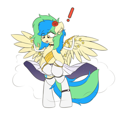 Size: 2700x2700 | Tagged: safe, alternate version, artist:hcl, oc, oc only, oc:hcl, pegasus, pony, bipedal, chest fluff, choker, clothes, dress, ear fluff, exclamation point, eye clipping through hair, eyebrows, eyebrows visible through hair, flower, flower in hair, marilyn monroe, open mouth, solo, spread wings, stockings, surprised, thigh highs, wings