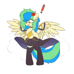 Size: 2700x2700 | Tagged: safe, alternate version, artist:hcl, oc, oc only, oc:hcl, pegasus, pony, bipedal, chest fluff, choker, clothes, dress, ear fluff, exclamation point, eye clipping through hair, eyebrows, eyebrows visible through hair, flower, flower in hair, marilyn monroe, open mouth, simple background, socks, solo, spread wings, stockings, surprised, thigh highs, white background, wings