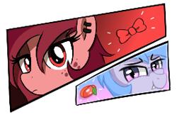 Size: 267x176 | Tagged: safe, artist:starbounce, artist:truthormare, oc, oc:lucky roll, oc:red woods, bat pony, earth pony, pony, bowtie, duo, ear piercing, earring, eyeshadow, female, food, freckles, gradient background, jewelry, looking at you, makeup, mango, mare, piercing, smiling