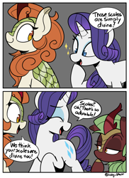 Size: 1943x2664 | Tagged: safe, artist:icey, autumn blaze, cinder glow, rarity, summer flare, kirin, pony, unicorn, g4, 2 panel comic, comic, compliment, cute, dialogue, eyebrows, eyes closed, female, gray background, hoof on chin, horn, laughing, lidded eyes, mare, open mouth, raised eyebrow, shining, simple background, smiling, sparkles