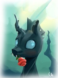 Size: 3072x4096 | Tagged: safe, artist:gemm, oc, oc only, changeling, pony, bust, fangs, flower, flower in mouth, mouth hold, rose, rose in mouth, solo