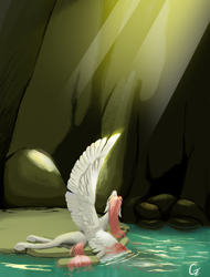 Size: 3090x4070 | Tagged: safe, artist:gemm, oc, oc only, pegasus, pony, blood, bloody wings, butt, featureless crotch, female, injured, injured wing, long legs, looking up, lying down, mare, on side, plot, solo, spread wings, underhoof, water, wings