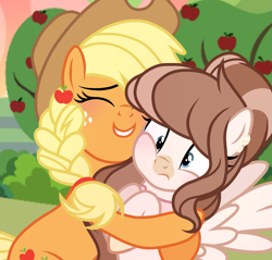 Size: 1131x1080 | Tagged: safe, artist:cstrawberrymilk, applejack, oc, oc:strawberry milk, earth pony, pegasus, pony, g4, alternate hairstyle, apple, apple tree, braid, hug, tree