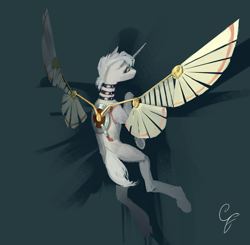 Size: 4074x4000 | Tagged: safe, artist:gemm, oc, oc only, pony, unicorn, abstract background, artificial wings, augmented, bleeding, blood, concave belly, horn, looking back, male, raised hoof, solo, stallion, thin, wings