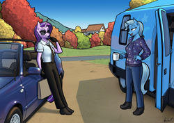 Size: 1160x820 | Tagged: safe, artist:apocheck13, starlight glimmer, trixie, unicorn, anthro, plantigrade anthro, g4, bag, car, clothes, commission, commissioner:citizenwolf, female, horn, lesbian, motorhome, mug, outdoors, ship:startrix, shipping, shirt, sunglasses, tree, van, volkswagen, volkswagen golf