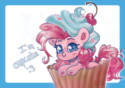 Size: 4960x3508 | Tagged: source needed, safe, artist:krista-21, pinkie pie, earth pony, pony, g4, absurd resolution, cherry, chibi, cream, cupcake, curly hair, cute, diapinkes, female, food, hoof heart, looking at you, mare, ponies in food, pony in food, simple background, sitting, smiling, smiling at you, solo, text, underhoof