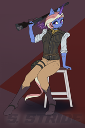 Size: 2922x4409 | Tagged: safe, artist:shade stride, oc, oc only, oc:fire lash, unicorn, anthro, boots, branding, clothes, female, gun, horn, lever action rifle, long sleeved shirt, long sleeves, magic, pants, rifle, shirt, shoes, sitting, solo, stool, telekinesis, vest, watermark, weapon