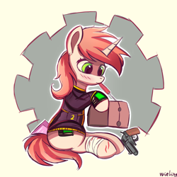 Size: 2048x2048 | Tagged: safe, artist:weiling, oc, oc only, oc:littlepip, pony, unicorn, fallout equestria, bandage, blushing, clothes, cute, female, gun, handgun, high res, hoof hold, horn, jumpsuit, little macintosh, looking at something, mare, mouth hold, pipbuck, pistol, repairing, revolver, screwdriver, simple background, sitting, solo, stable door, toaster, toaster repair pony, unicorn oc, vault suit, weapon