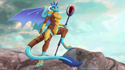 Size: 2560x1440 | Tagged: safe, artist:leopon276, princess ember, dragon, anthro, digitigrade anthro, g4, armor, bloodstone scepter, dragon armor, dragon horns, dragon lands, dragon lord ember, dragon wings, dragoness, female, horns, solo, spread wings, standing, tail, wings