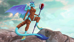 Size: 2560x1440 | Tagged: safe, alternate version, artist:leopon276, princess ember, dragon, anthro, digitigrade anthro, g4, bloodstone scepter, breasts, dragon horns, dragon lands, dragon lord ember, dragon wings, dragoness, female, horns, leather, lizard breasts, solo, spread wings, standing, tail, thighs, wings
