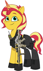 Size: 731x1200 | Tagged: safe, artist:edy_january, artist:prixy05, edit, vector edit, sunset shimmer, pony, unicorn, g4, g5, my little pony: tell your tale, ar-15, armor, assault rifle, belt, body armor, boots, call of duty, call of duty: warzone, clothes, combat knife, equipment, g4 to g5, gears, generation leap, glock, glock 17, gloves, gun, handgun, horn, knife, long pants, m4a1, military, military pony, pants, pistol, radio, rifle, right hooves, sergeant, sgt. shimmers, shirt, shoes, simple background, soldier, soldier pony, solo, special forces, tactical, tactical vest, tank top, task forces 141, transparent background, united states, vector, vest, vice captain, vice leader, weapon