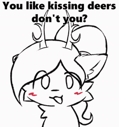 Size: 960x1024 | Tagged: safe, artist:darbedarmoc, oc, oc only, oc:crimson vine, deer, :3, animated, barely pony related, blushing, boykisser, deer oc, gif, horns, hypnosis, looking at you, meme, non-pony oc, solo