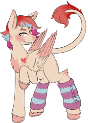 Size: 770x1070 | Tagged: safe, artist:squeezymouse, derpibooru exclusive, oc, oc only, oc:cardia, pegasus, pony, ambiguous gender, birthmark, blank flank, chest fluff, clothes, gradient mane, leg warmers, leonine tail, multicolored mane, simple background, solo, standing, swirly eyes, tail, transparent background, unshorn fetlocks, wingding eyes