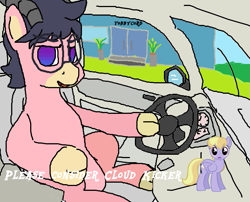 Size: 671x543 | Tagged: safe, artist:mileslancer, cloud kicker, oc, oc:anchor point, goat, hybrid, pony, car, glasses, meme, ms paint