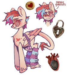 Size: 1056x1184 | Tagged: safe, artist:roofoos_rebirth, oc, oc only, oc:cardia, pegasus, pony, adoptable, adopted, ambiguous gender, birthmark, blank flank, chained, chains, chest fluff, clothes, glasses, gradient mane, leg warmers, leonine tail, not zipp storm, owner:squeezymouse, reference sheet, simple background, solo, standing, swirly eyes, tail, unshorn fetlocks, white background, wingding eyes