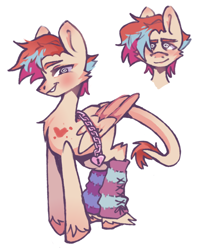 Size: 1056x1184 | Tagged: safe, artist:roofoos_rebirth, oc, oc only, oc:cardia, pegasus, pony, adoptable, adopted, ambiguous gender, birthmark, blank flank, chained, chains, chest fluff, clothes, gradient mane, leg warmers, leonine tail, owner:squeezymouse, reference sheet, simple background, solo, standing, swirly eyes, tail, unshorn fetlocks, white background, wingding eyes