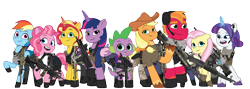 Size: 2018x721 | Tagged: safe, artist:edy_january, artist:prixy05, artist:tharn666, edit, vector edit, applejack, big macintosh, fluttershy, pinkie pie, rainbow dash, rarity, spike, sunset shimmer, twilight sparkle, alicorn, dragon, earth pony, pegasus, pony, unicorn, equestria girls, g4, g5, my little pony: tell your tale, alternate name, applejack's hat, armor, assault rifle, body armor, boots, call of duty, call of duty: warzone, clothes, codenames, colt python, combat armor, combat knife, cowboy hat, denim, desert eagle, equestria girls ponified, equipment, fn scar, g4 to g5, gears, generation leap, glock, glock 17, glock 18c, gloves, group, gun, handgun, hat, headphones, hk416, horn, jeans, knife, light machine gun, long pants, m1911, m24, m249, m24a2 sws, m27, m4a1, m60, machine gun, machine pistol, magic, mane nine, mane seven, mane six, marine, marines, mateba 2006m, military, military pants, military pony, military uniform, mpx, mtar-21, p220, p226, pants, pistol, ponified, radio, rambo, revolver, rifle, scar-l, scarf, shirt, shoes, short pants, simple background, sniper, sniper rifle, soldier, soldier pony, soldiers, special forces, squat, squatpony, steyr tmp, submachinegun, tactical, tactical squad, tactical vest, tank top, tar-21, task forces 141, team, team fortress 2, telekinesis, tmp, transparent background, twilight sparkle (alicorn), ump45, uniform, united kingdom, united states, usmc, vector, vest, weapon, xm7