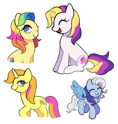 Size: 950x1000 | Tagged: safe, artist:risswm, alphabittle, brights brightly, puzzlemint, silver glow, earth pony, pegasus, pony, unicorn, g3, group, horn, quartet, simple background, white background
