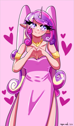 Size: 2258x3850 | Tagged: safe, artist:mylittleyuri, princess cadance, human, g4, alicorn humanization, breasts, clothes, cute, cutedance, dress, elf ears, female, heart, heart eyes, heart hands, horned humanization, humanized, jewelry, pink background, regalia, simple background, solo, wingding eyes, winged humanization