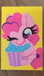 Size: 2214x3786 | Tagged: safe, artist:lbrcloud, part of a set, pinkie pie, earth pony, pony, g4, chibi, cupcake, eating, food, one eye closed, solo, traditional art