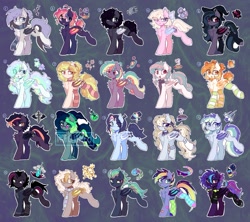 Size: 1993x1767 | Tagged: safe, artist:flixanoa, oc, oc only, bat pony, pegasus, pony, :<, :p, abstract background, adoptable, ahoge, ambiguous gender, amputee, angry, bandage, bandaged leg, bandaid, bat pony oc, beauty mark, big eyes, black mane, black tail, blonde mane, blonde tail, blue coat, blue eyes, blushing, bow, brown coat, checkered socks, chest fluff, choker, clothes, coat, coat markings, colored belly, colored hooves, colored muzzle, colored pinnae, colored pupils, colored wings, curly mane, curly tail, ear fluff, ear piercing, ear tufts, earring, ethereal mane, eye clipping through hair, eyebrows, eyebrows visible through hair, eyelashes, eyeshadow, facial markings, fangs, fishnets, for sale, frown, garters, glasses, gray coat, group, hair accessory, hair bow, hair over one eye, hat, heart, heart eyes, hoofless socks, jacket, jewelry, lace, leg fluff, leg scar, lidded eyes, long mane, long socks, long tail, looking back, looking down, makeup, mismatched socks, mohawk, multicolored eyes, multicolored hair, multicolored mane, multicolored tail, narrowed eyes, navy coat, orange eyes, pale belly, piercing, pigtails, pink coat, pink eyes, ponytail, prosthetic leg, prosthetic limb, prosthetics, purple coat, purple mane, purple tail, rainbow hair, rainbow tail, raised hoof, robotic legs, scar, scarf, scowl, shiny hoof, short mane, short tail, shoulder fluff, slit pupils, smiling, snip (coat marking), socks, socks (coat markings), sparkly mane, sparkly tail, spiky mane, spiky tail, starry eyes, starry mane, starry tail, straight mane, straight tail, striped socks, tail, tail accessory, tail bow, teal eyes, thigh highs, tied mane, tied tail, tongue out, two toned mane, two toned tail, two toned wings, unshorn fetlocks, wall of tags, watermark, white coat, wingding eyes, wings, witch hat, yellow coat, yellow mane, yellow tail