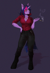 Size: 1750x2560 | Tagged: safe, artist:serodart, oc, oc:lina phantom, unicorn, anthro, boots, breasts, cigarette, cleavage, clothes, commission, horn, not twilight sparkle, shirt, shoes, solo