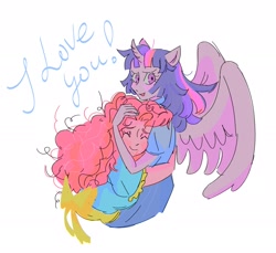 Size: 2175x1995 | Tagged: safe, artist:junglicious64, pinkie pie, twilight sparkle, alicorn, equestria girls, g4, blue text, blushing, bow, clothes, colored pinnae, colored sketch, curly hair, curved horn, dress, duo, duo female, eyelashes, eyes closed, female, height difference, holding each other, horn, hug, lesbian, long hair, looking back, messy hair, open mouth, open smile, partially open wings, pink hair, pink skin, pony ears, purple eyes, purple hair, purple skin, ship:twinkie, shipping, simple background, sketch, smiling, text, thin, twilight sparkle (alicorn), white background, wings