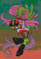 Size: 595x842 | Tagged: safe, artist:junglicious64, fluttershy, pegasus, pony, g4, abstract background, alien nine, alternate color palette, alternate eye color, clothes, eyelashes, female, flying, frown, gloves, green coat, green eyes, hooves together, jacket, lidded eyes, long mane, long tail, mare, pink mane, pink tail, roller skates, shorts, skates, solo, sparkly mane, sparkly tail, spread wings, tail, wings