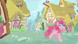 Size: 1280x720 | Tagged: safe, artist:junglicious64, pinkie pie, earth pony, pony, g4, blue eyes, building, cloud, curly mane, curly tail, day, detailed background, female, mare, pink coat, pink mane, pink tail, ponyville, smiling, solo, tail, walking