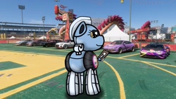 Size: 1920x1080 | Tagged: safe, artist:foxfer64_yt, oc, oc only, oc:silverstream (robot pony), pony, robot, robot pony, car, looking at something, looking down, meeting, paperholder, rear, solo, stadium