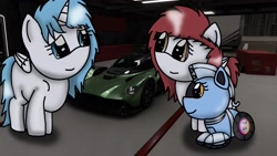 Size: 1920x1080 | Tagged: safe, artist:foxfer64_yt, oc, oc:silverstream (robot pony), alicorn, original species, pegasus, pony, robot, robot pony, wheelpone, car, garage, looking at each other, looking at someone, looking at something, pitlanes
