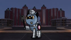 Size: 1920x1080 | Tagged: safe, artist:foxfer64_yt, oc, oc:silverstream (robot pony), pony, robot, robot pony, dubai, looking at camera, selfie, selfie stick, solo